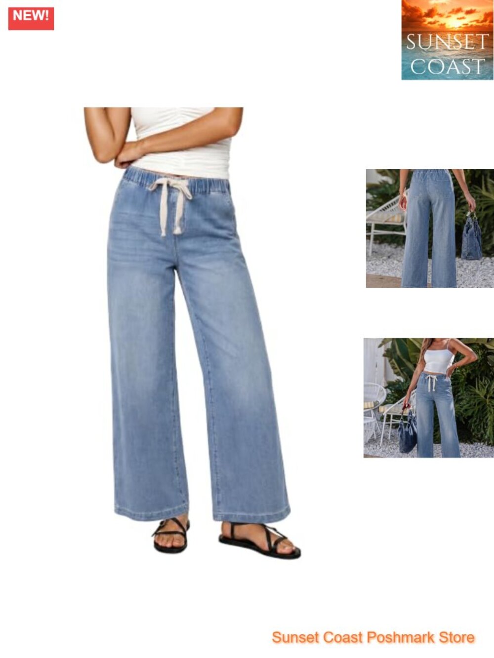Wide Leg High Waist Jeans for Women Elastic Drawstring Denim